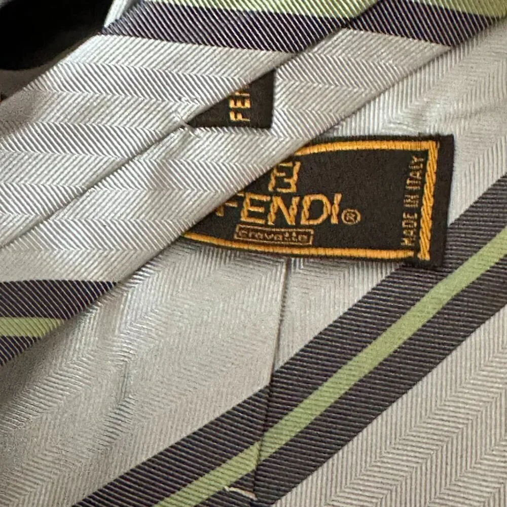 Fendi Silk Tie Necktie Neckwear Gray Silver Green Designer Striped Luxury